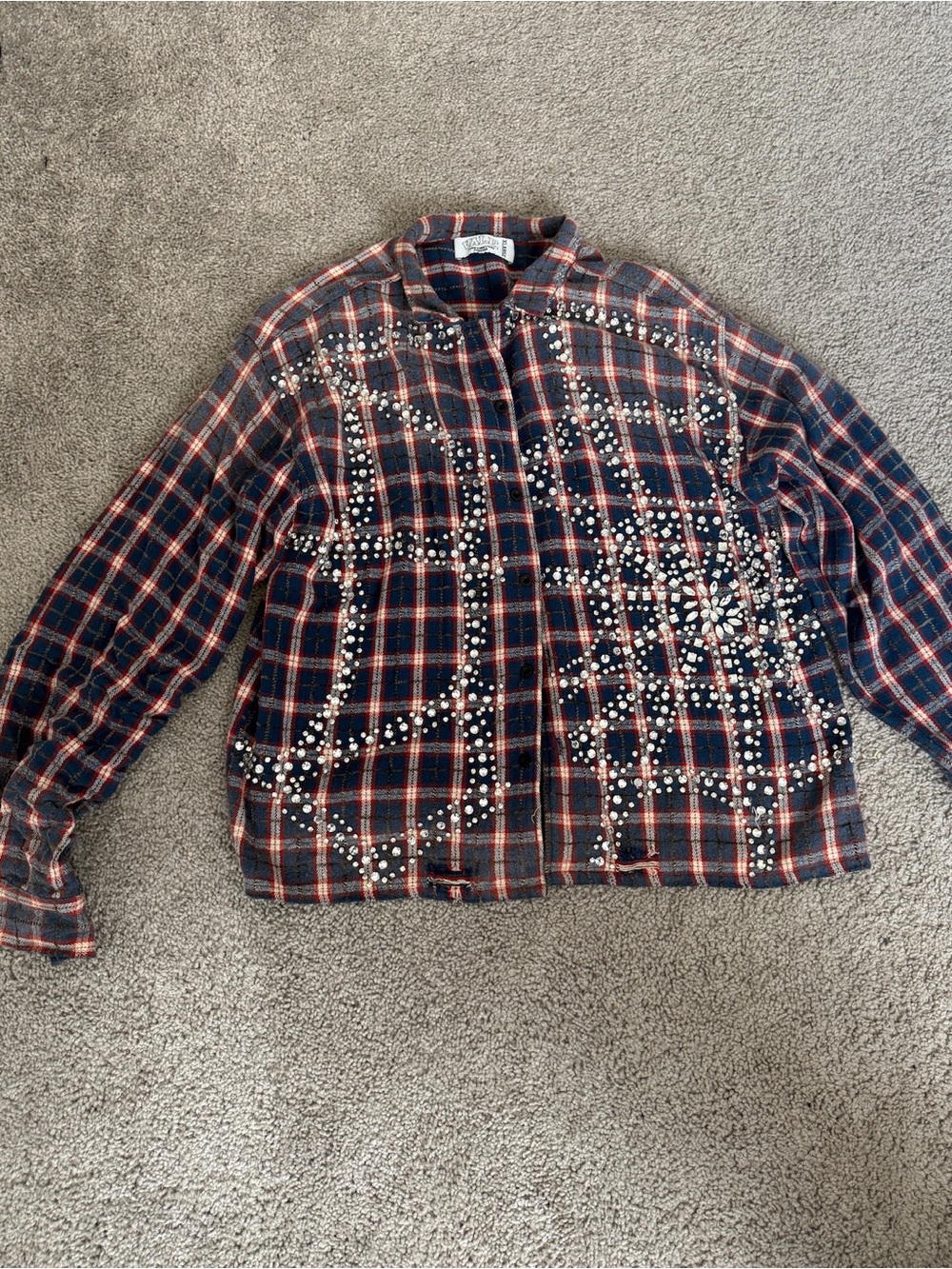 Plaid Studded Flannel Jacket - Navy & Red